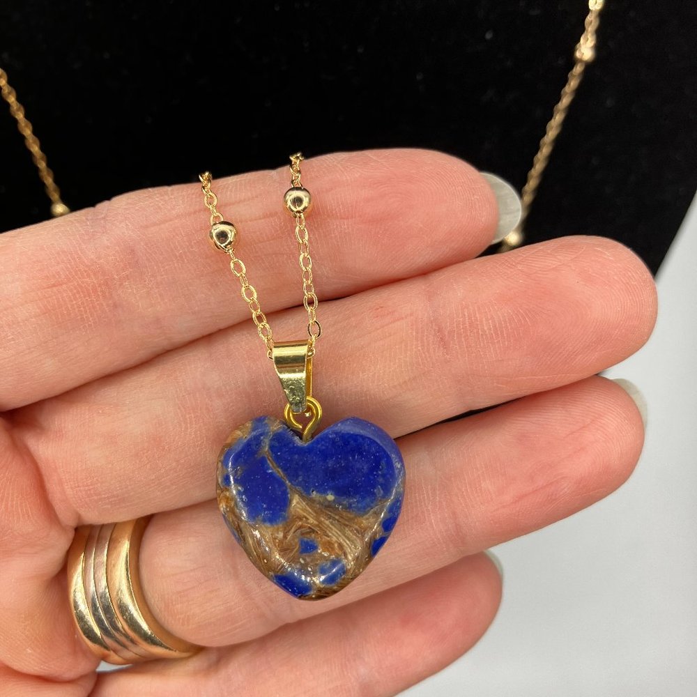 NEW Real 18k Gold Plated over Brass Chain beautiful Lapis and Bronzite Pendant